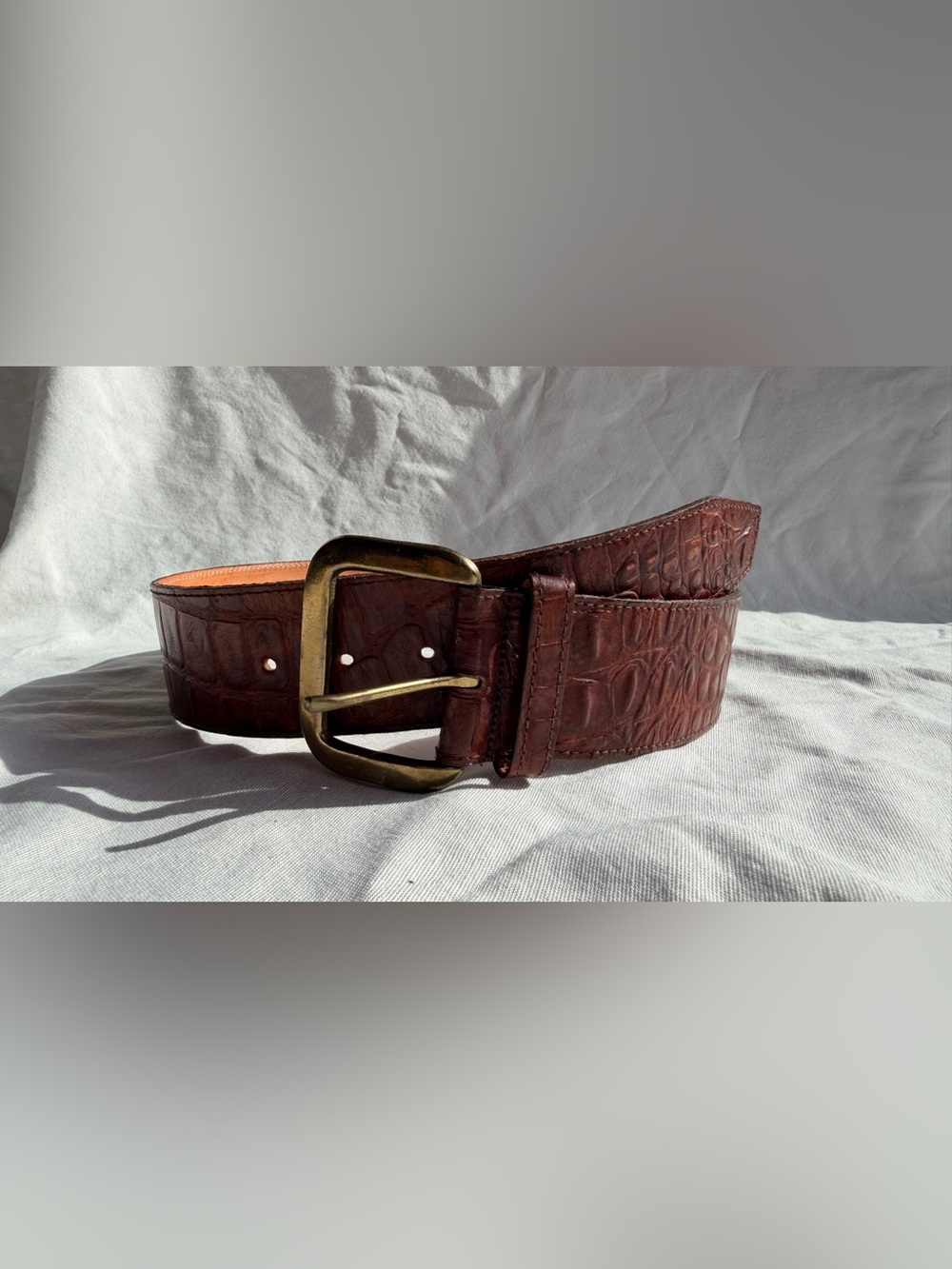 Vintage Waist Belt Brown Leather Crocodile Embossed by Omega Brass S